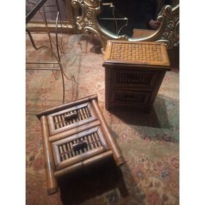 Vintage small bamboo 2 drawer table top chest/ stands